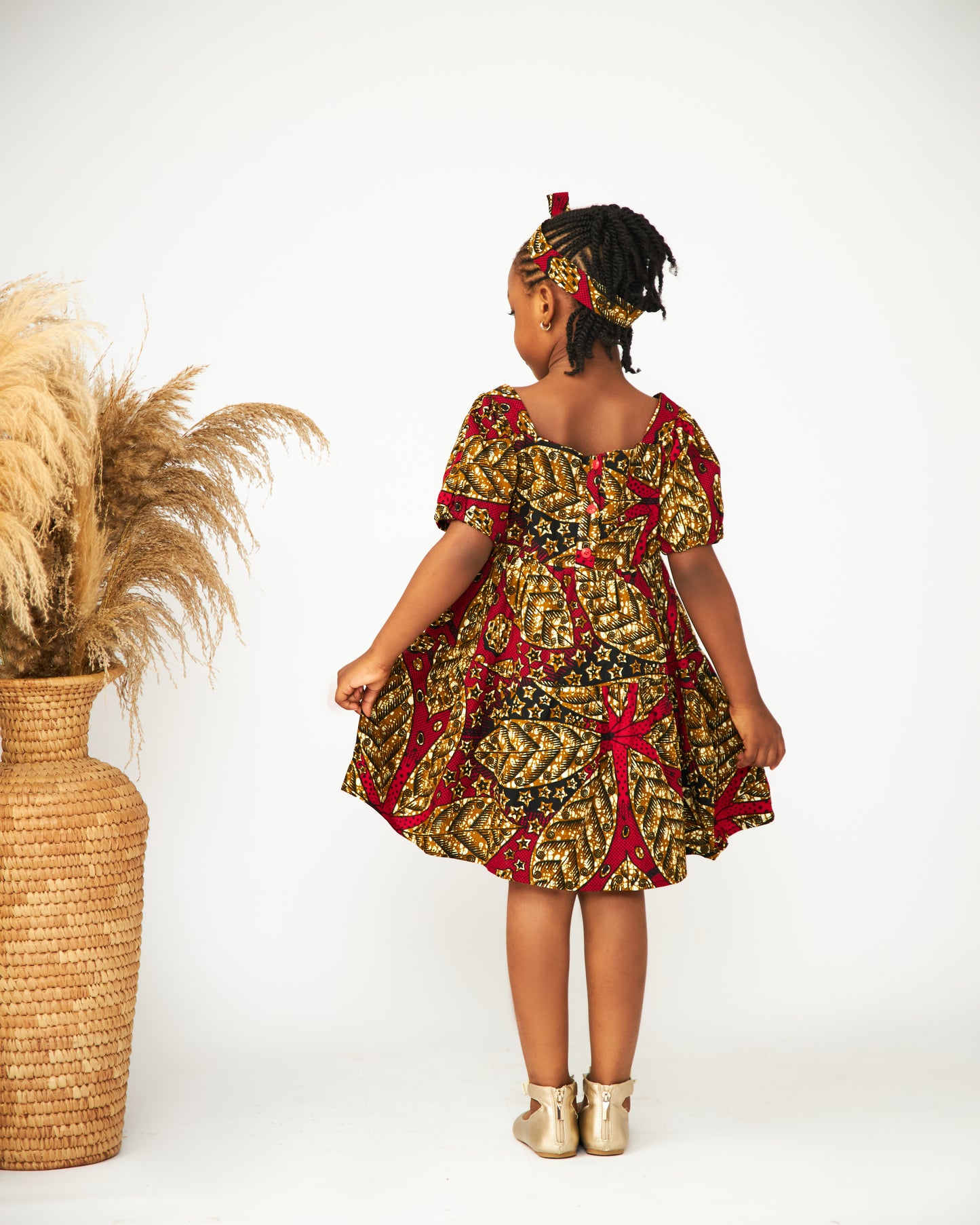 Toddler Girl Burgundy Ankara Puff Sleeve Dress