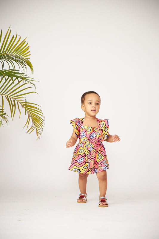 Baby Pink Ankara Square Neck Layered Ruffle Bodysuit Dress and Headband