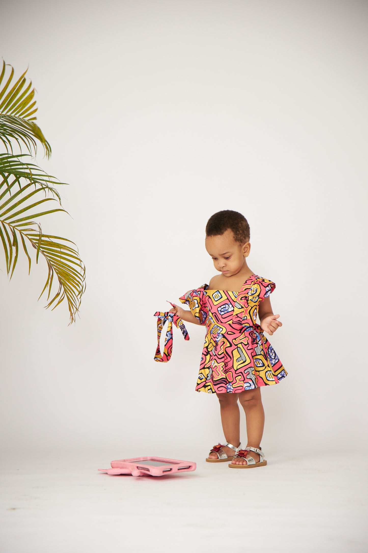 Baby Pink Ankara Square Neck Layered Ruffle Bodysuit Dress and Headband