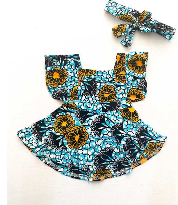 Baby Blue Ankara Square Neck Layered Ruffle Bodysuit Dress and Headband